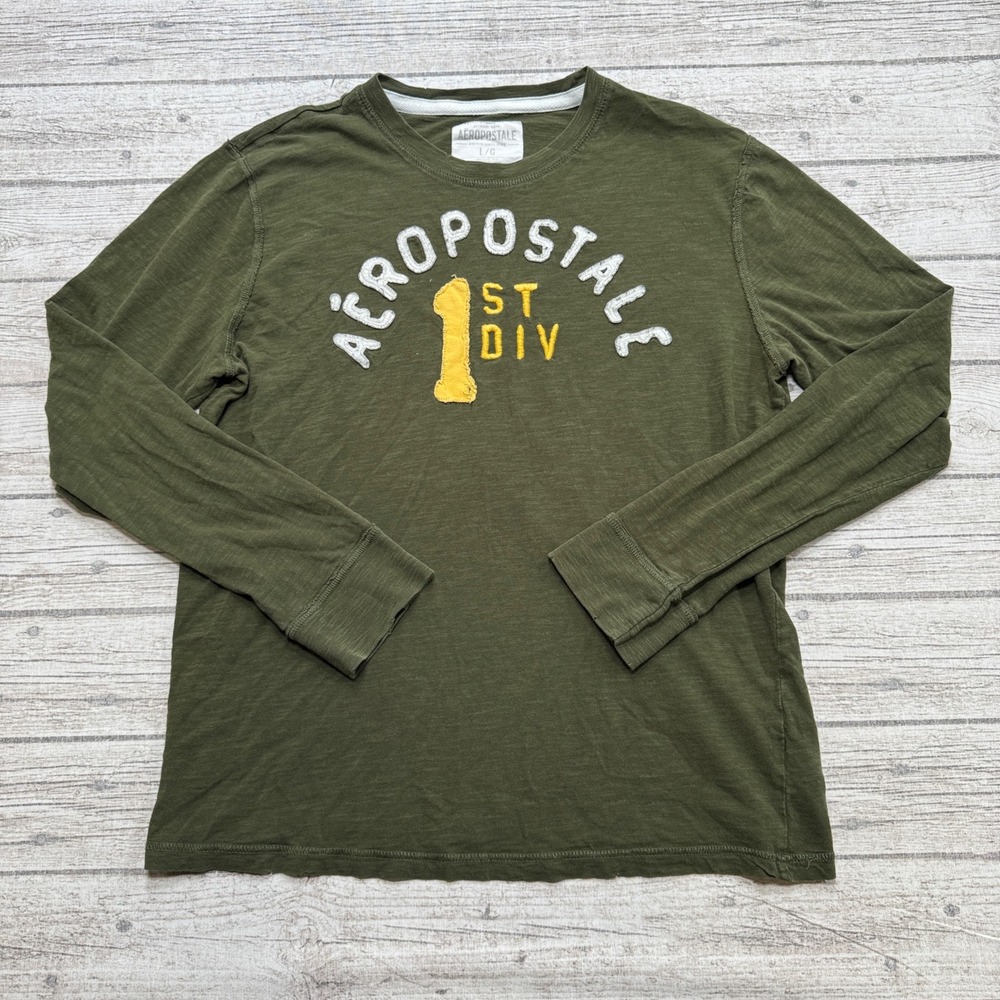 Y2K Aeropostale Shirt Mens Large Olive Green Long Sleeve Cotton Athletic Varsity